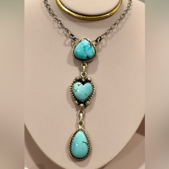 Jewelry - NGH17 RARE Golden Hills Turquoise Heart & Teardrop LARIAT Necklace/Choker S925